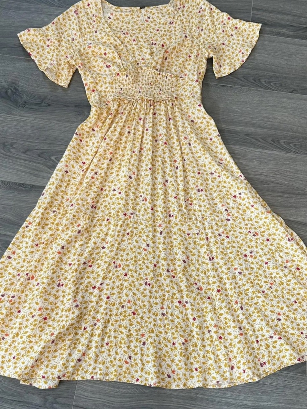 Free People In Full Bloom Midi Dress Goldenrod Ivory Floral Smocked Boho Women S - Picture 5 of 16